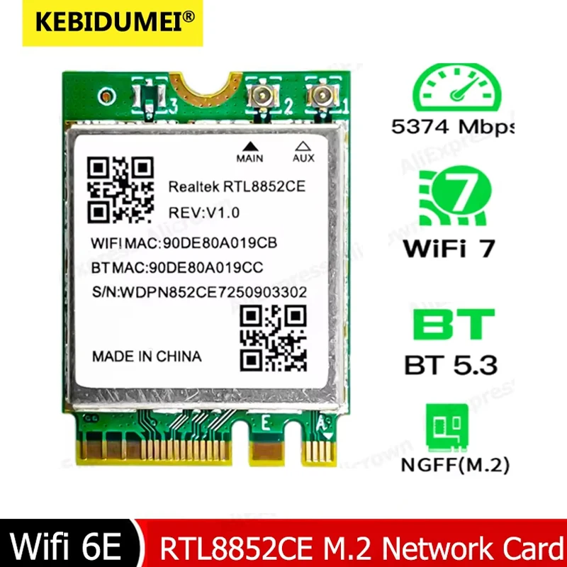 

Triple Band WiFi 6E Bluetooth5.3 Adapter 5400Mbps Wireless Signal Receive Card RTL8852CE Network Card NGFF M.2 for Windows 10/11