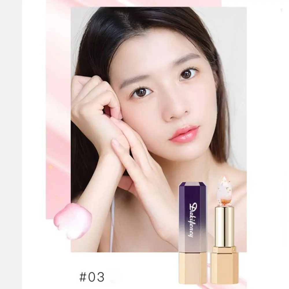 ノンスティックカップ温度変化リップバーム透明防水ジェリーフラワーリップスティック食用金箔クリスタル女性用