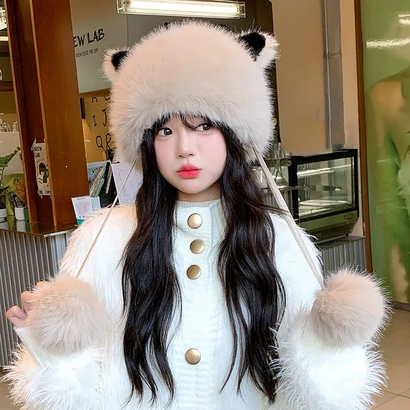 

A cute and warm plush hat for women little bear with fluffy ball ears small ear-protecting that keeps the face brightens it