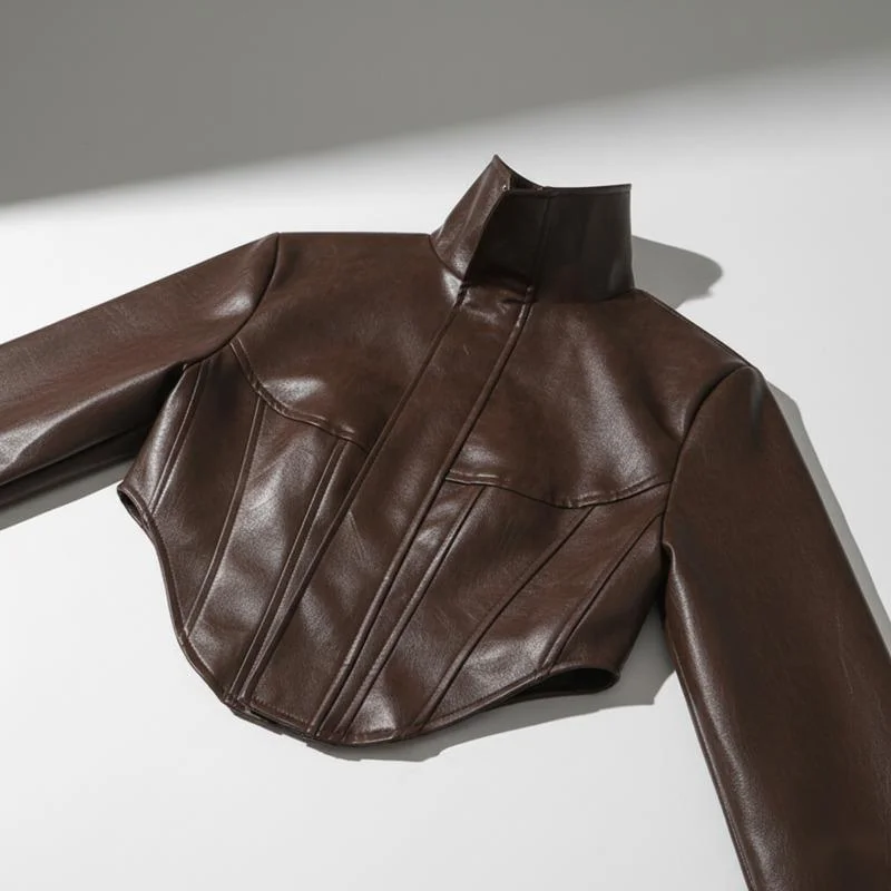 Vintage Women's Cropped Faux Leather Jacket With Stand Collar And Balloon Sleeves In Biker Style For Chic All Streetwear Outfits