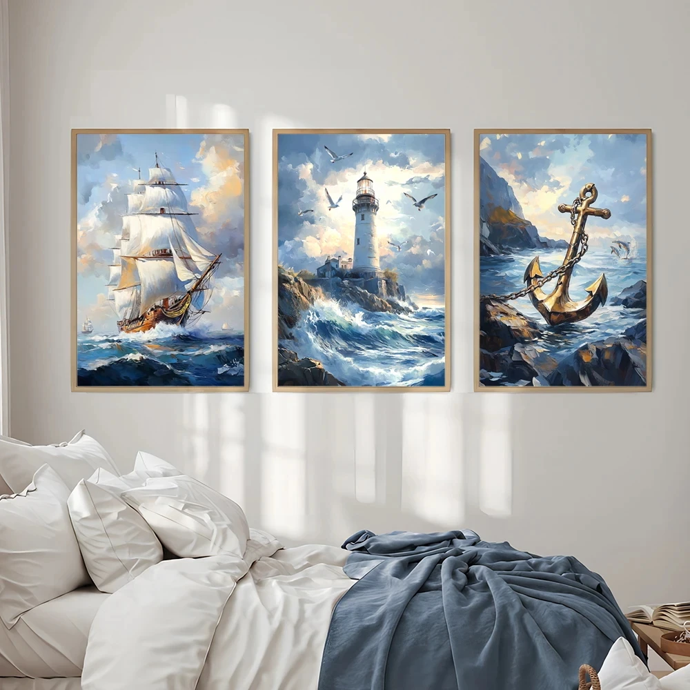 

3pcs Abstract Natural Landscape Sailboat Ocean Poster Canvas Painting Print Sky Blue Wave Wall Art Living Room Home Decoration