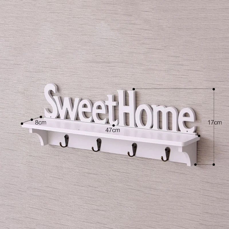 LICG 1Pc 4 Hooks Shelves Hat Key Holders Sweet Home Words Storage Shelf Hanging Hooks Wall Mounted Rack Home Storage Holder