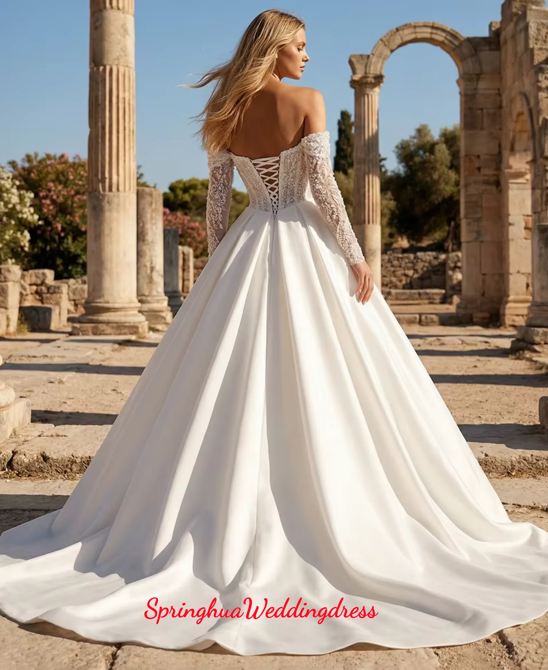 Customzied Luxury Princess Wedding Dresses Off Shoulder Long Sleeves Lace Ball Gown high-end Vestidos De Novia