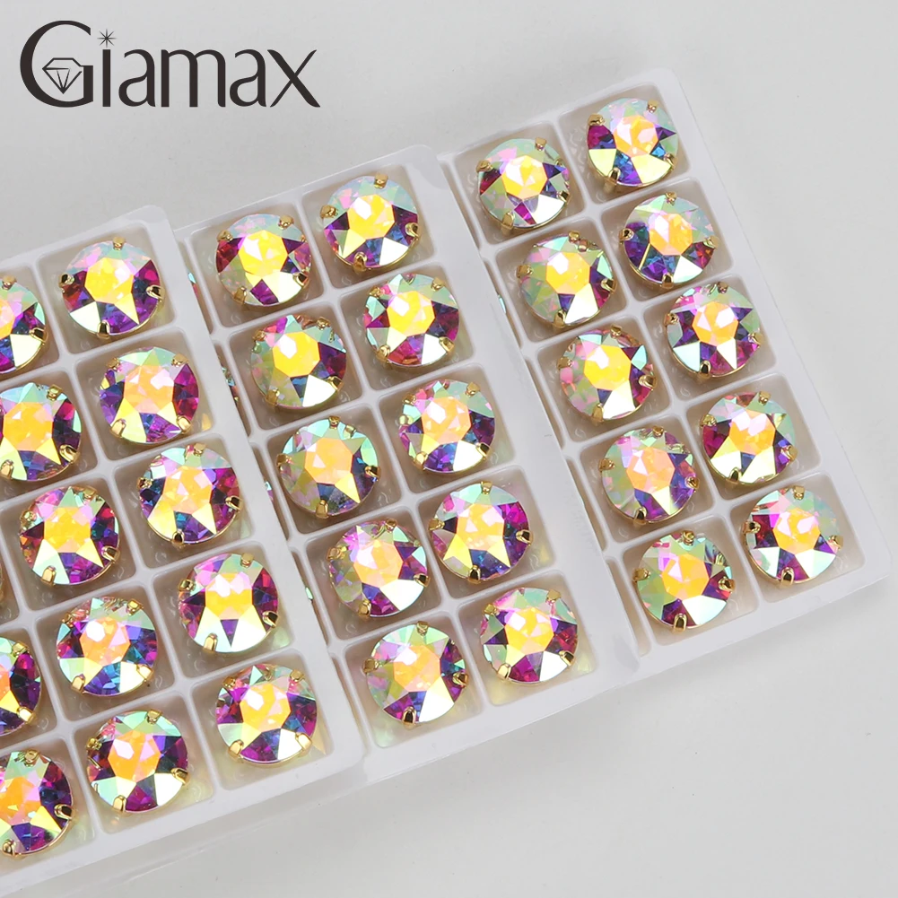 Giamax High Quality  Round Glass Crystal Sewing Stone With Gold Silver Claw Sew on Rhinestones For Garment Clothes Bags