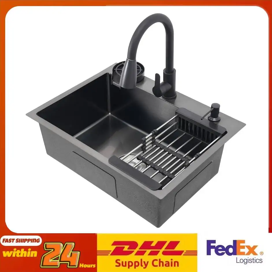 Fregadero de cocina Fregadero bajo montaje de acero inoxidable de 7,87 pulgadas de profundidad con grifo extraíble Fácil de limpiar para uso doméstico en la cocina comercial