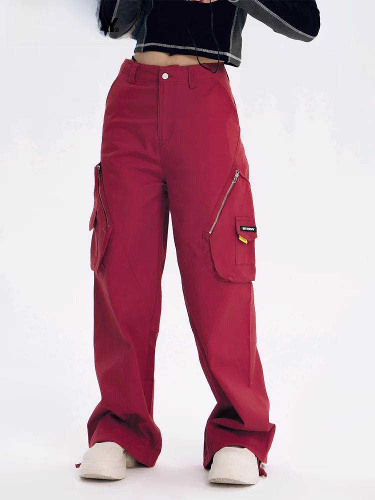 

Красные брюки с высокой талией и застежкой-молнией, широкие брюки для спецодежды, повседневные брюки с несколькими цветами, уличные хлопковые брюки 00% длинные брюки