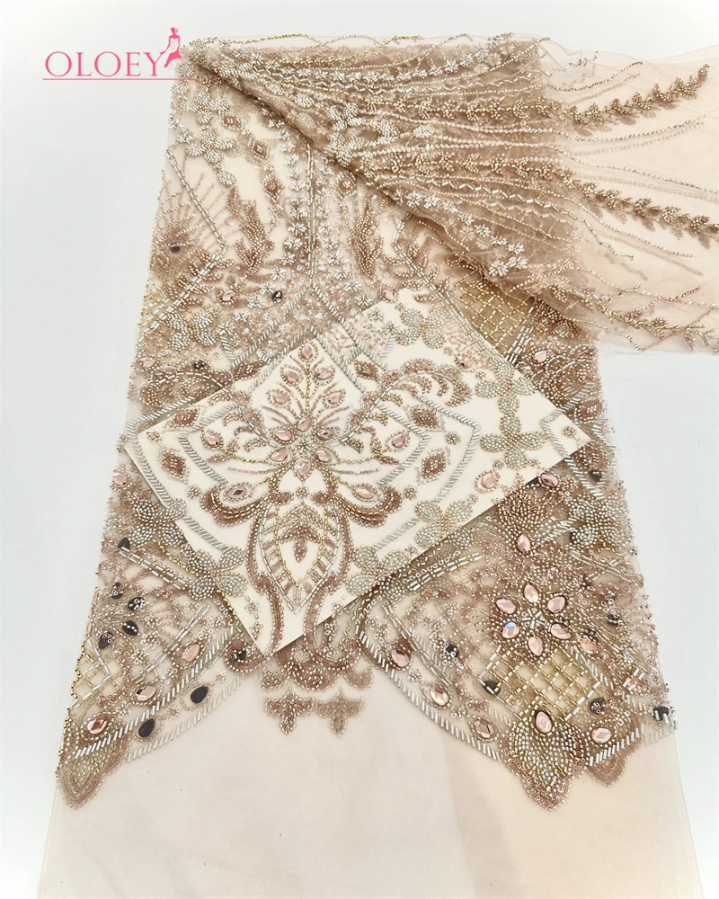 

OLOEY African Beaded Lace Fabric 5 Yards Luxury French Sequins Embroidery Mesh for Ladies Wedding Party Dresses