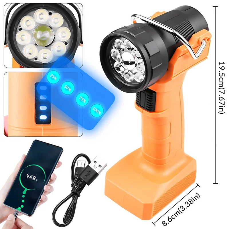 ไฟทำงาน 9LED 4000mAh ชาร์จผ่าน USB Type-C พร้อมตะขอ หมุนได้ 90 องศา ° ไฟฉายฉุกเฉินแบบมือถือสำหรับซ่อมรถยนต์พร้อมฐานแม่เหล็ก