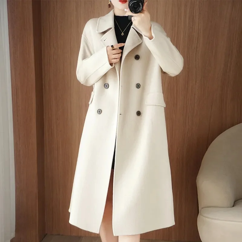 

Office Lady Woolen Jackets 2025 Autumn And Winter Suit Collar Double Breasted loose Long Women's 100% Wool Coats