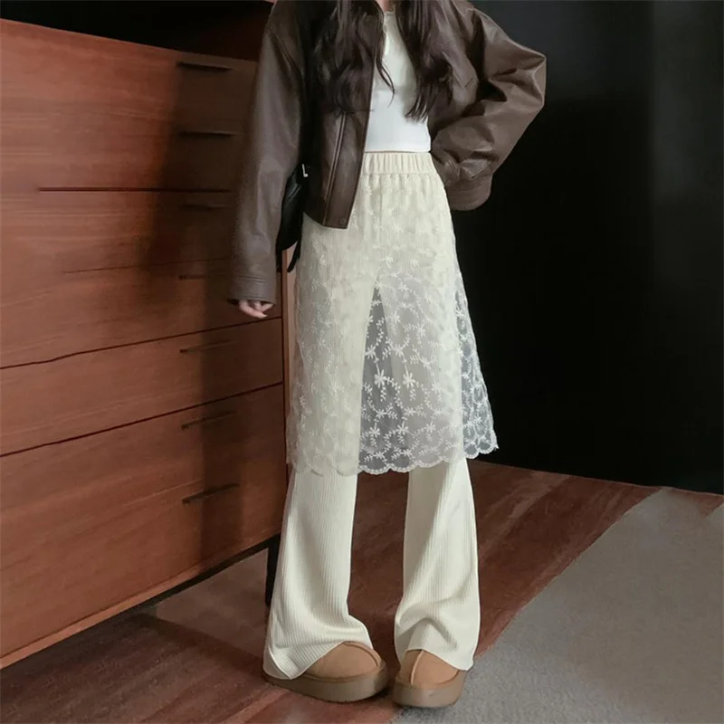 Spring Autumn Fake Two Pieces Trousers Women 2025 New High Waist Flared Trousers Solid Color Fashion Spliced Lace Female Slacks