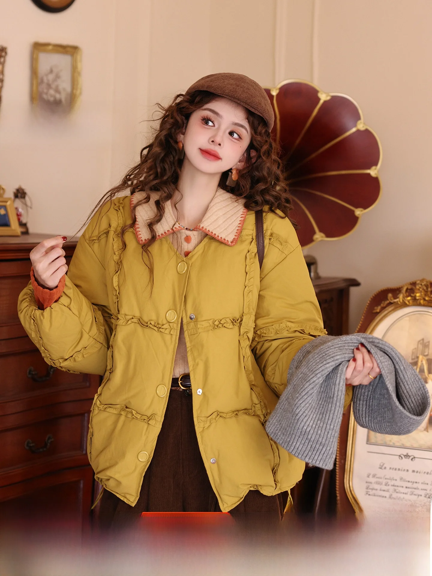 

Желтый пуховик Jaet, женское зимнее повседневное свободное теплое детское пальто с высокой талией и V-образным вырезом, полиэстер в стиле ретро