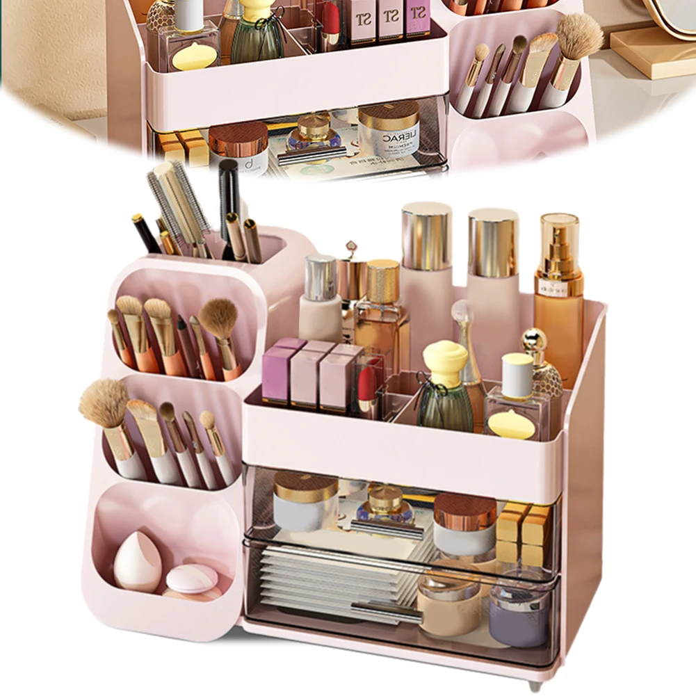 صندوق منظم سطح المكتب البلاستيكي، صندوق منظم المكياج، حافظة عرض مستحضرات التجميل المقاومة للغبار، حامل عرض المكياج لطاولة الزينة #6