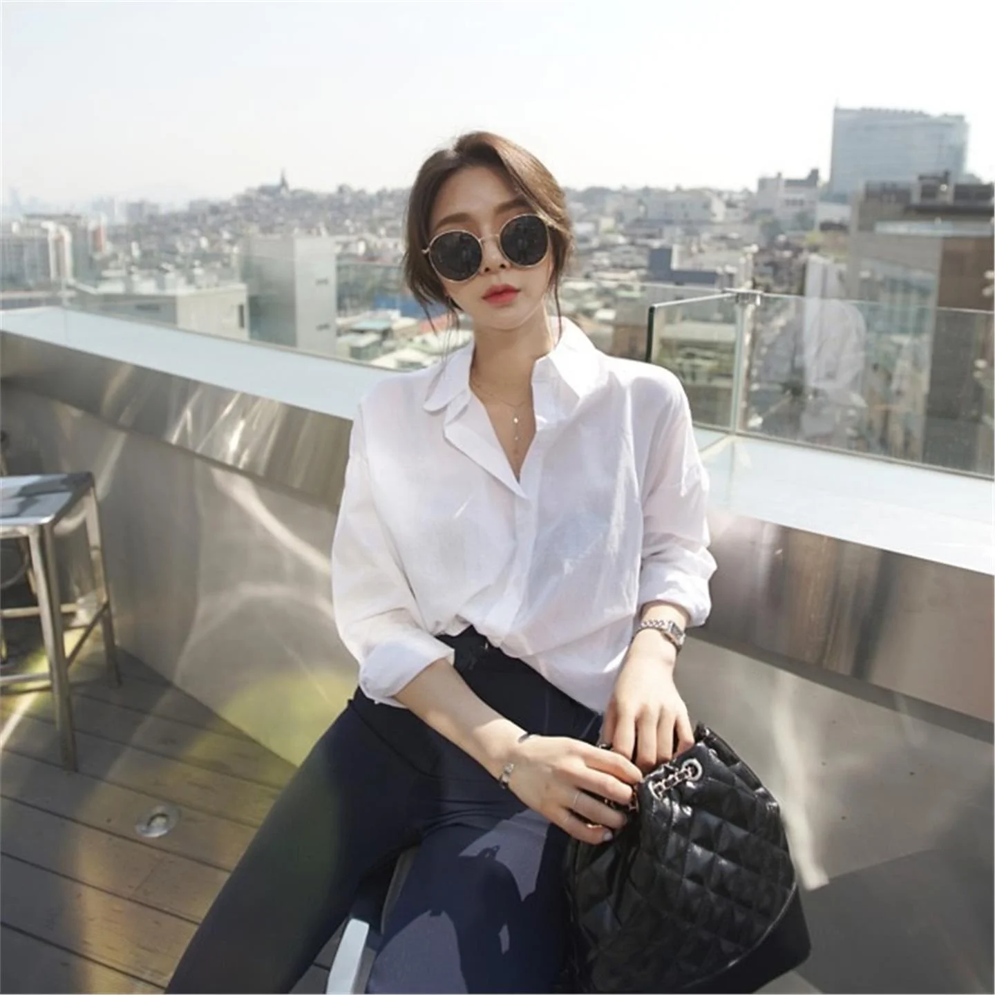 

Casual Loose Long Sve irt Button up Student Top Ele Simple Sle White Cotton Blend Faionable Women's Summer Blouse