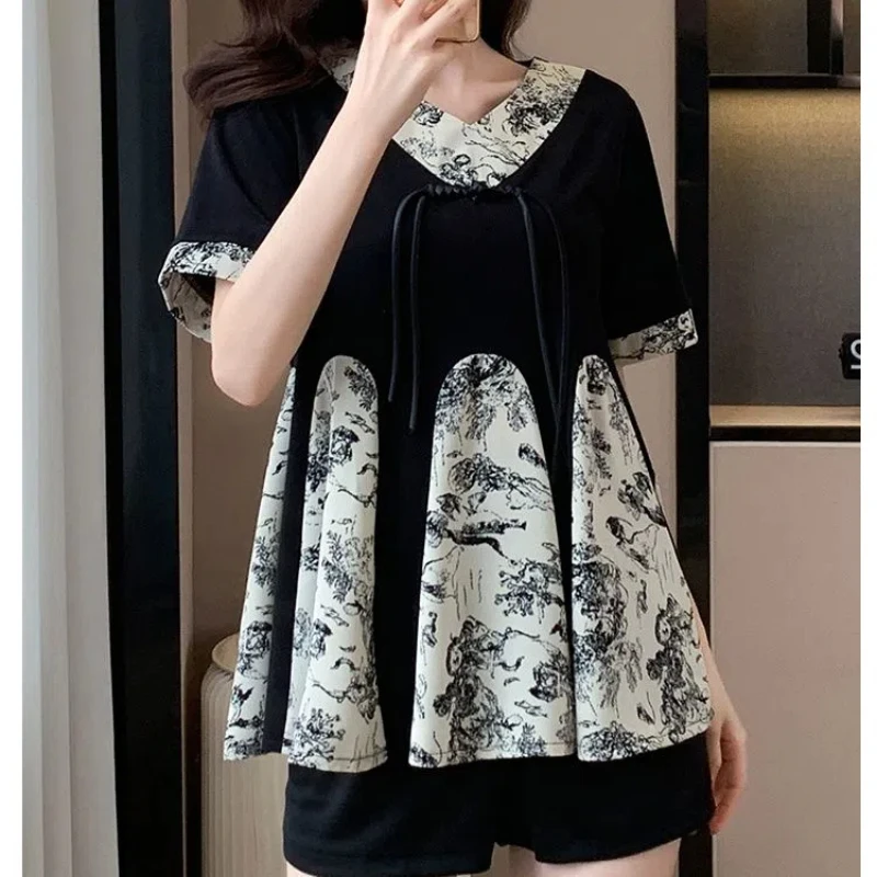 Summer New Floral Short Sleeve Contrast Patchwork Loose Blouse Print Plus Size Vintage Shirt Tops Fashion Elegant Women Clothing