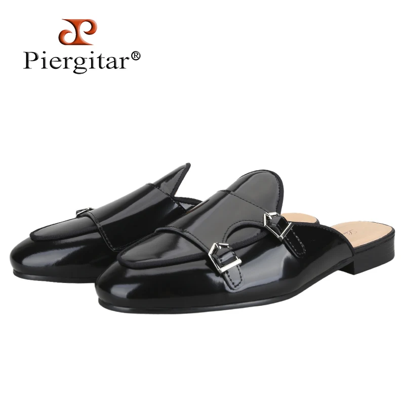 Piergitar Black And Navy Hand-Polished Calfskin Belgian Style Double-Monk Mules Handcrafted Men's Slippers With Metal Decoration