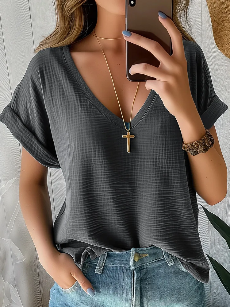 European And American Women's Retro Casual Artistic Spring And Summer New Style Women's Clothing Pullover V-neck Solid Color Top