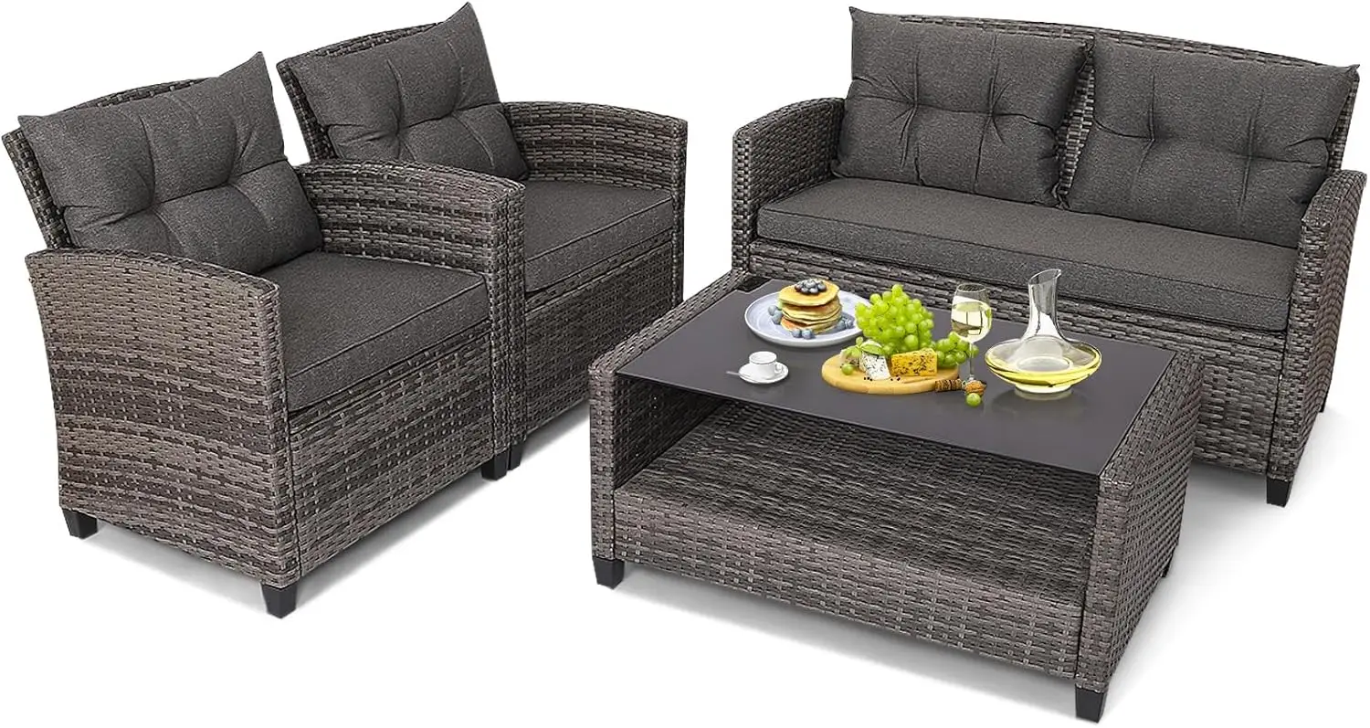 

Комплект садовой мебели из 4 предметов: плетеные кресла из ротанга с мягкими подушками, стеклянный кофейный столик, для отдыха на открытом воздухе