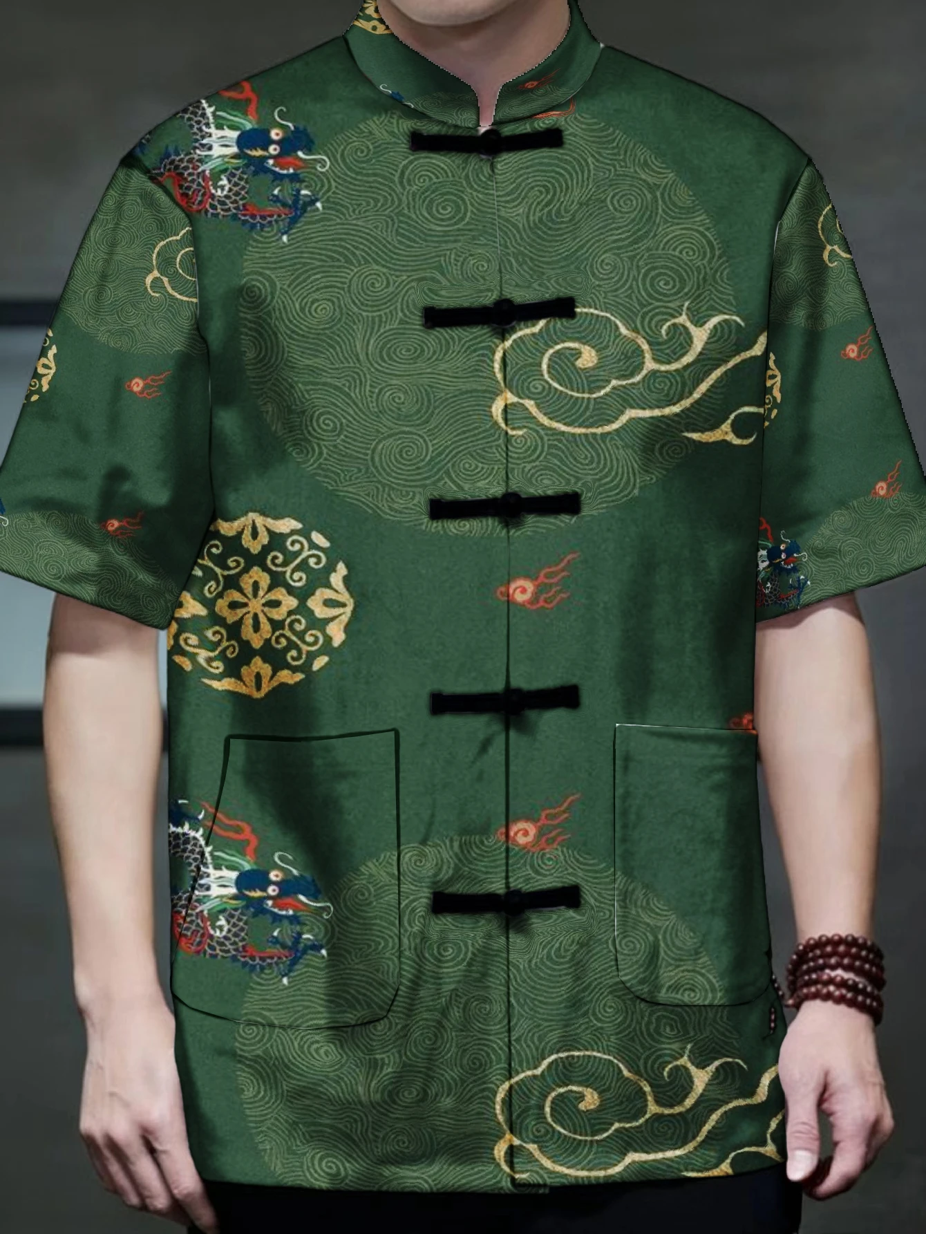 Men Mandarin Collar Frog Button Short Sleeve Shirt Crane Pavilion Ink Wash Dragon Cloud Print Traditional Top