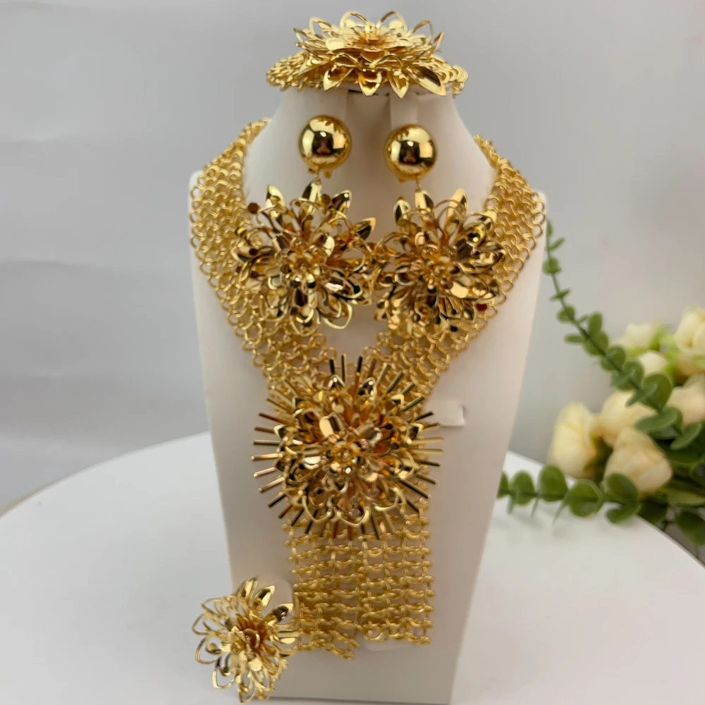 New Fashion Trendy Women Jewelry Set Brazilian Gold-Plated African Wedding Bridal Big Flower Pendant Necklace Gifts FHK28402