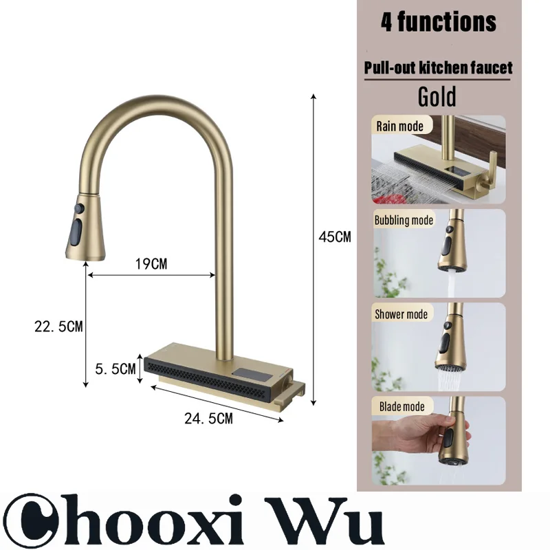 CHOOXIWU-Grote enkele kom roestvrijstalen gootsteen met kraan-digitale display waterval regen 5 functies systeem schotel wastafe