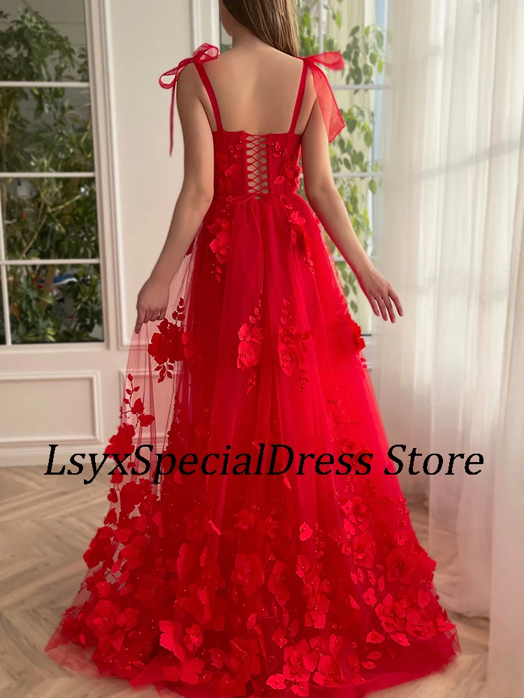 LSYX 2024 Red Appliques Pearls Tulle Evening Dresses A Line Lace Up Prom Gowns Women Floor-Length Side Slit Vestidos De Noche