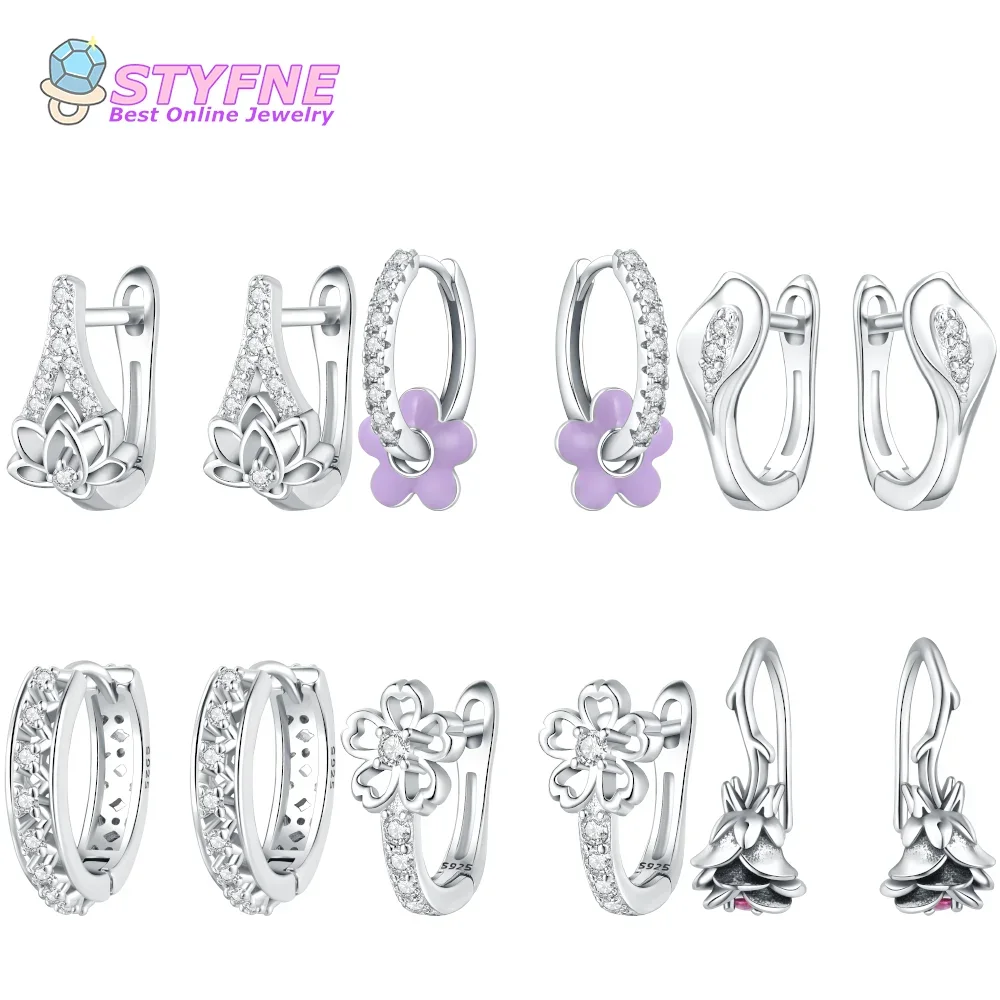 925 Sterling Silver Openwork Lotus and Zirconia Earrings Hoop Earrings for Women Fashion Earrings Jewelry Gifts Official Website