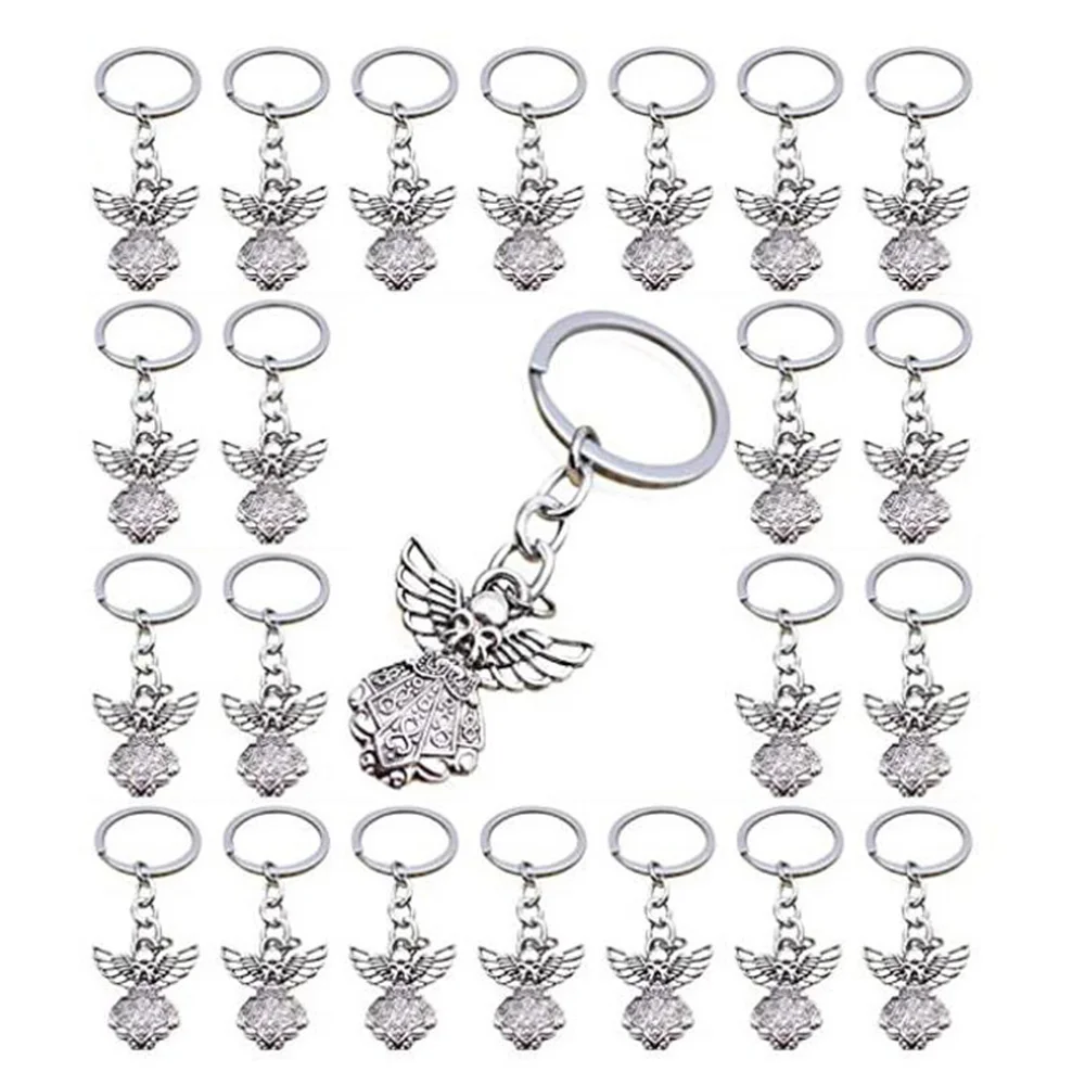ABFW 30Pcs Silver Color Guardian Angel Key Ring Zinc Alloy Pendant Wedding Birthday Party Baby Shower Baptism Communion