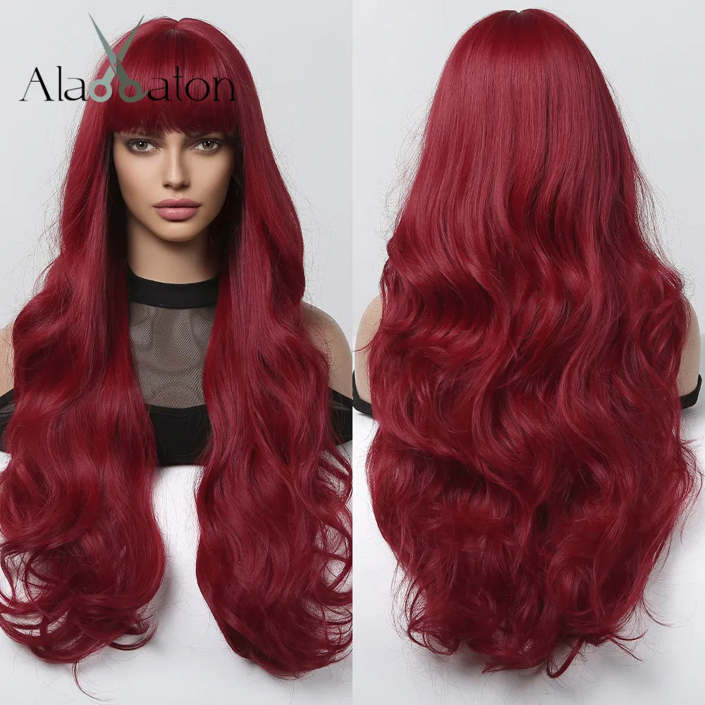 ALAN EATON Red Long Water Wave Hair Wig Natural Looking Synthetic Wigs with Bangs for Black Women Party Halloween Heat Resistant