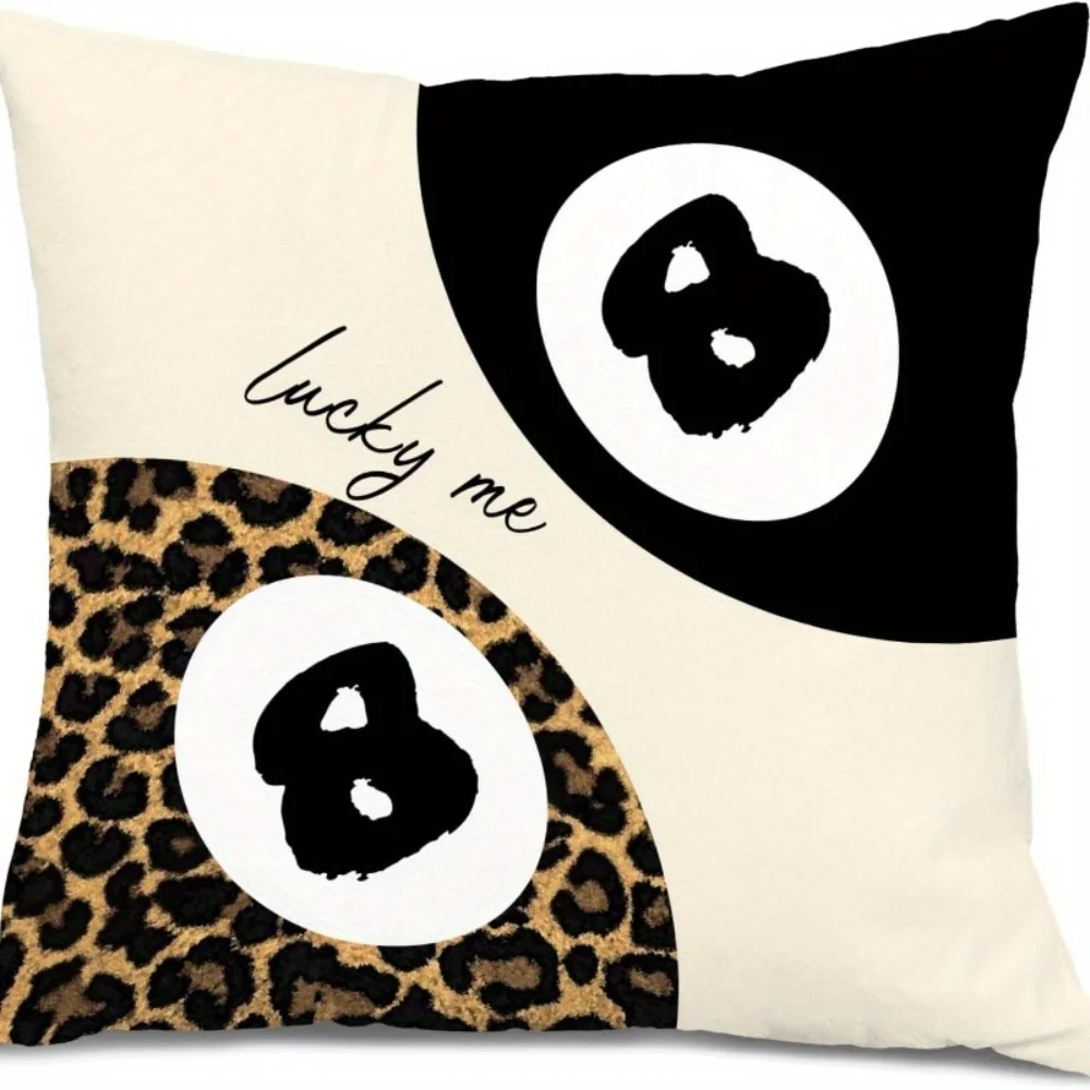 lucky 8 ball & leopard print pillow cover cream black 45x45cm single-sided polyester for sofa bedroom decor machine washable