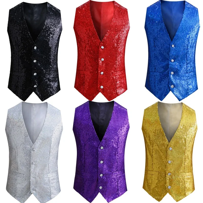 

Men's High Densi Sequin Vest Stage Performance Dance ow Jaet Close-Fitting Satin Fabric Youth Trend Regular Thin