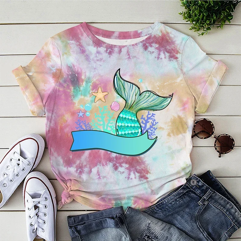 Lovely Mermaid Cartoon Graphic T Shirts Y2K Aesthetic Top Women New Summer Beach Tie-dye T-shirt Korean Fashion Tees Female