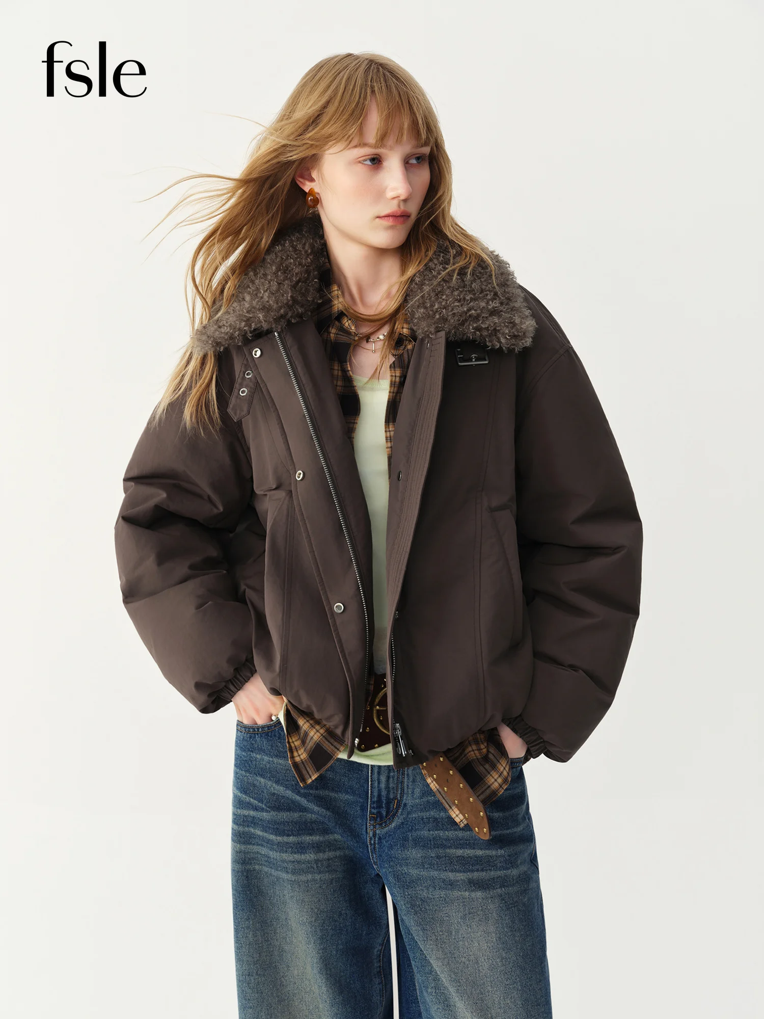 FSLE Cashmere Fur Collar Jacket Down Jacket Women Short Retro Barn Style 2026 Winter New Arrival Chic Personality