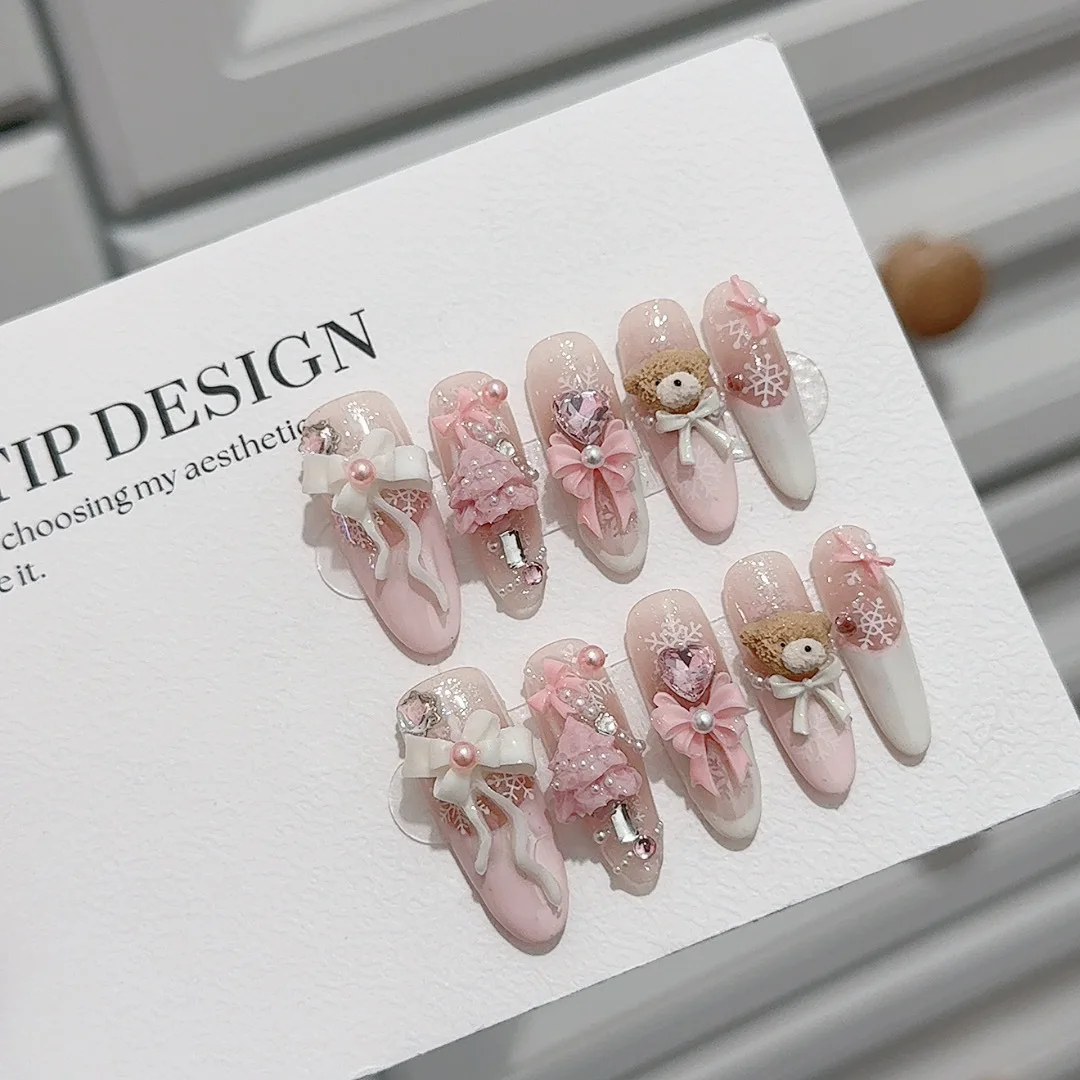 

10pcs Handmade Cute Bear Press on Nails Sweet 3D Pearl Crystal Decor Fake Nails Wearable Korean Christmas Pink Bow False Nails