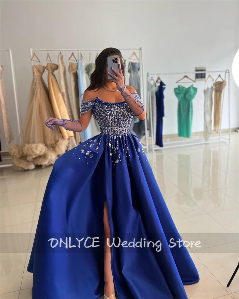 Luxury Royal Blue Evening Dresses With Two Gloves Pearls Beading Crystals Pleats فساتين طويلة Formal Prom Party Gowns Customized