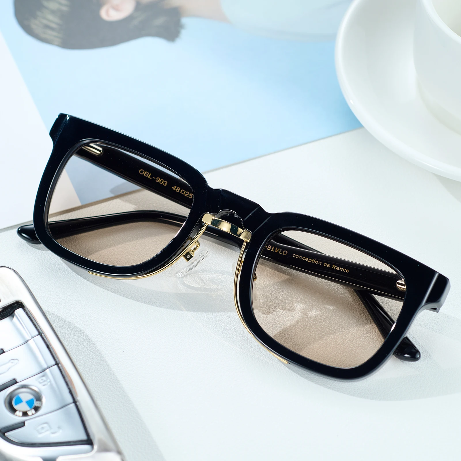 OBLVLO Luxury Black Acetate Fiber Frame Sunglasses 400UV Protection Square Brown Lens Unisex Fashion Sun Glasses