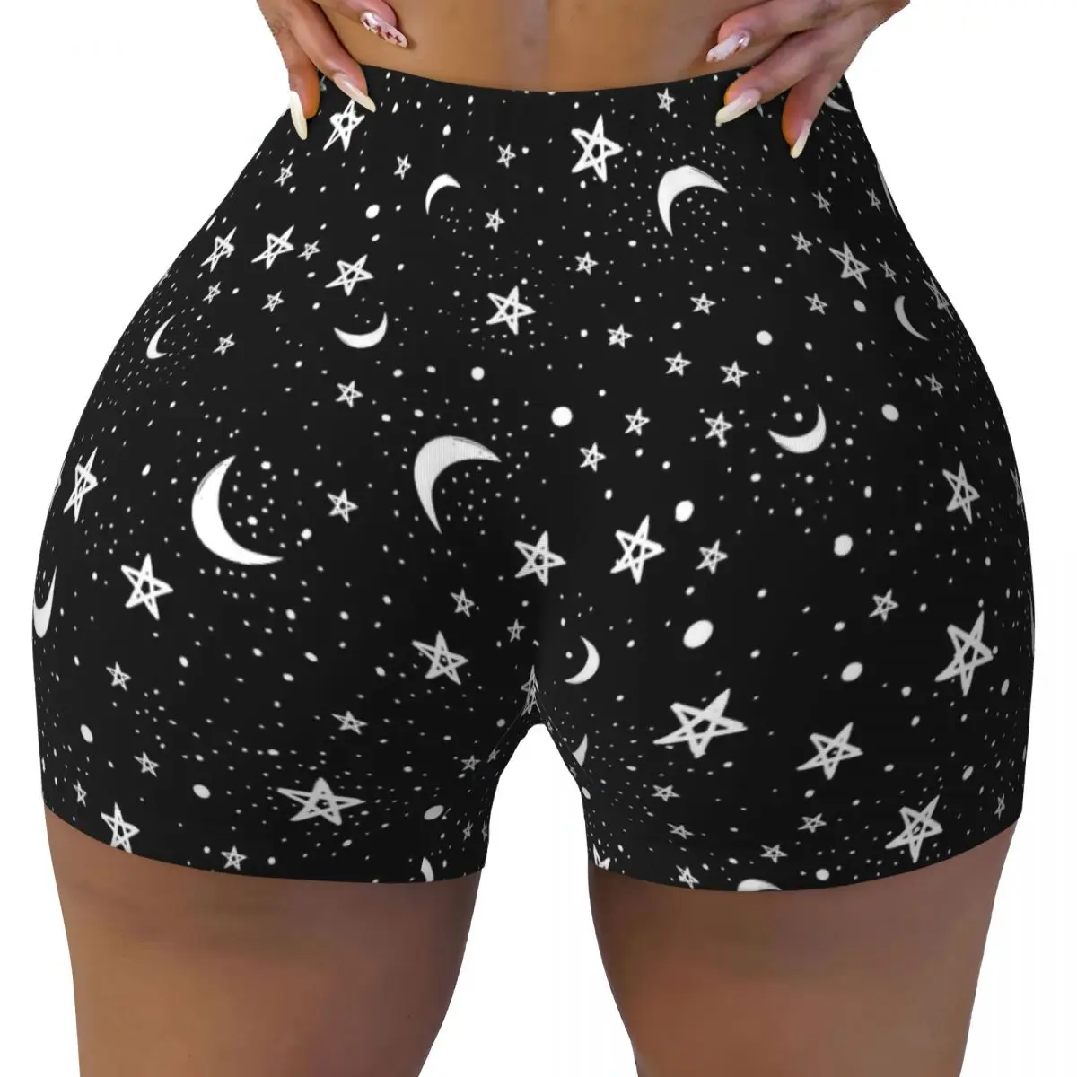 Pantaloncini da yoga a vita alta con luna e stelle misteriose Pantaloncini da palestra atletici elasticizzati Pantaloncini da motociclista da allenamento Pantaloni corti sportivi da corsa