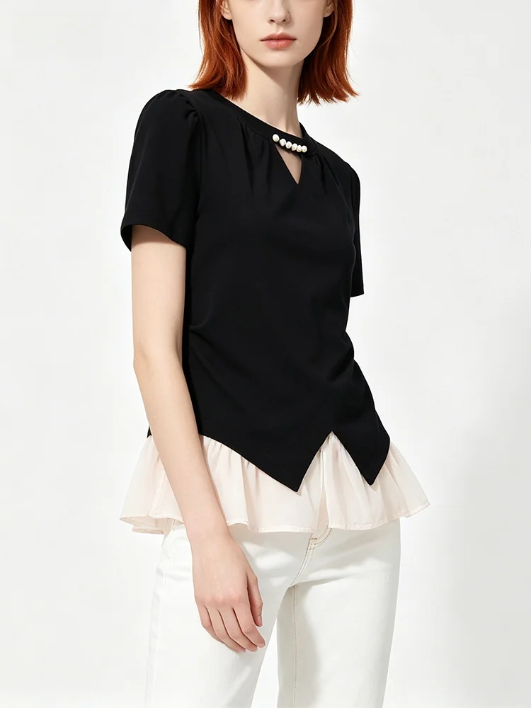 

Elegant Hollow out Short Sleeve T-Shirt Women's plus Size Summer Fashion Top Lightweight Cotton round Neck Mid-Length