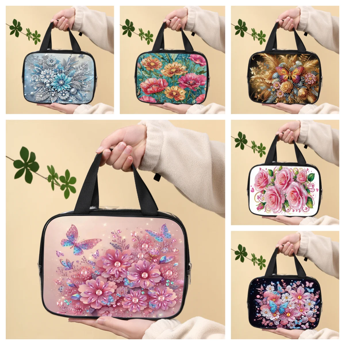 1 DIY Floral Style Diamond Painting Makeup Bag Set, PVC Transparent Toiletries Bag, Ladies' Daily Life Storage Makeup Bag view 3