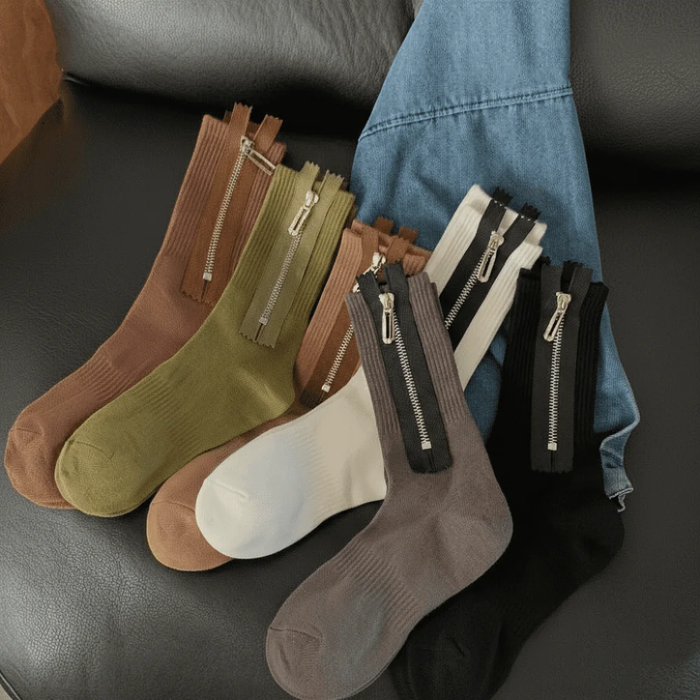 Personalisierte Street-Style Metall-Reißverschluss-Socken Mittellange Schweißabsorbierende Atmungsaktive Gestrickte Damen-Socken