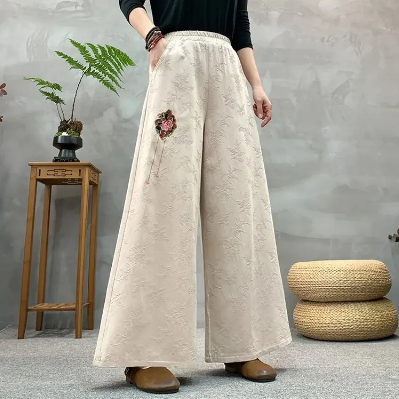 

Женские коричневые брюки с широкими штанинами, цветочной вышивкой и эластичной талией для элегантного повседневного образа