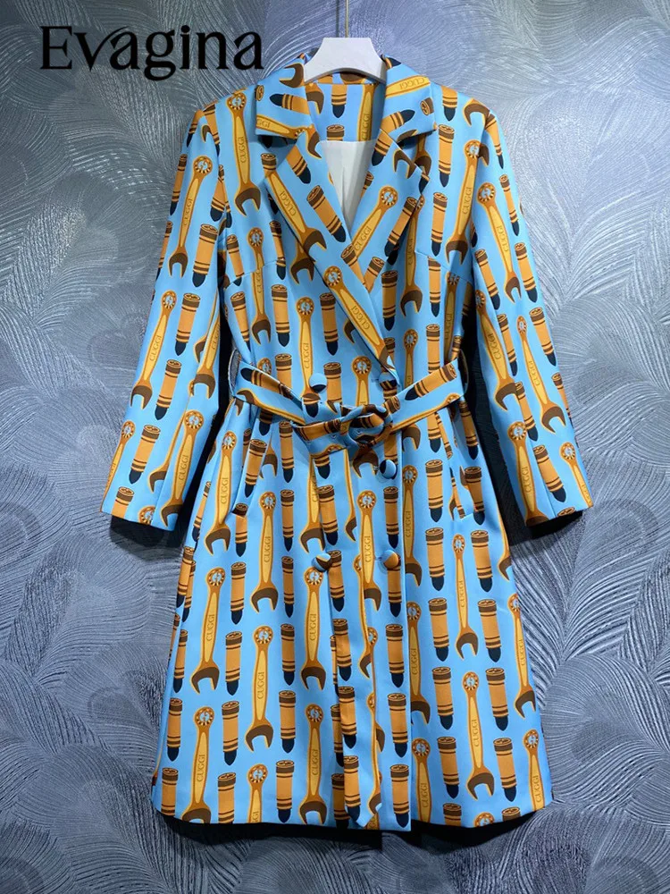 

Evagina Autumn/Winter Cotton Blend Temperament Commuter Suit Collar Fashion Print Belt Blue Trench Coat 2023 New