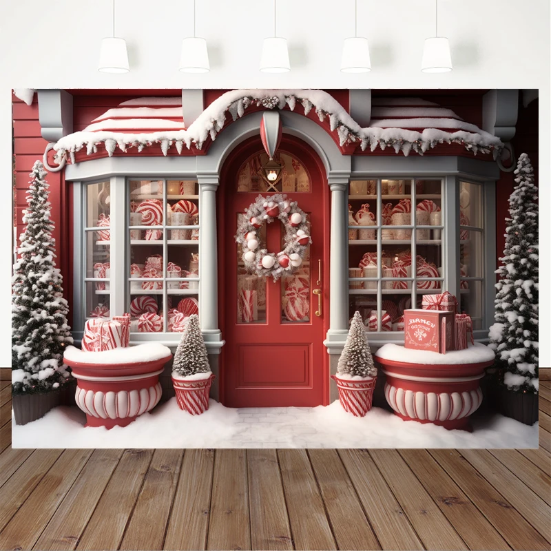 Mocsicka Casa di Natale Sfondo Fotografia Albero di Natale Neve Negozio di caramelle Decorazione Baby Kid Foto Sfondo Studio Puntelli Banner
