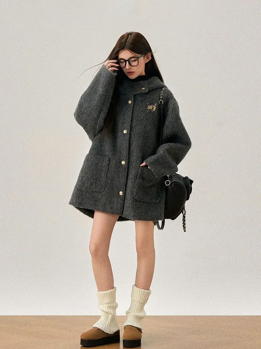 Winter Coat Women Clothing New Korean Loose and Lazy Woolen Coat Gray High-end Temperament Hooded Jacket Women Winter Clothes