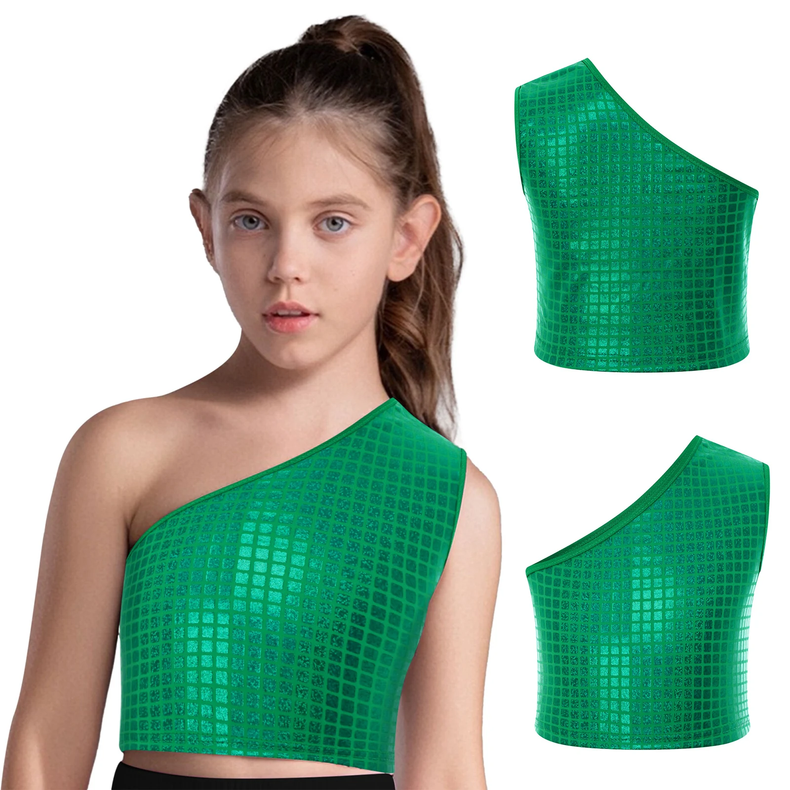 Traje de baile de Hip-Hop para niñas, chaleco a cuadros metálico con un hombro, Top corto sin mangas para baile de Jazz, ropa de baile moderna para Yoga y gimnasio