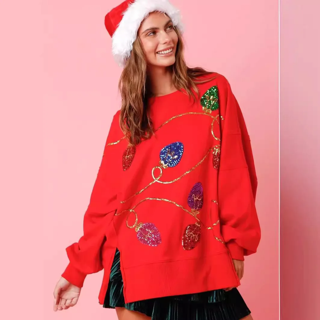 

2024 Autumn Winter Christmas Sweatshirt New Year Fashion Trend Light Bulb Sequin Long Sleeve O-Neck Pullover Personality Tops