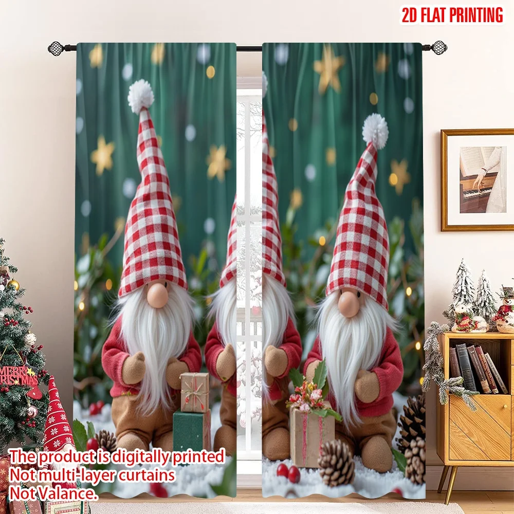 

2pcs 2D flat printing Christmas Curtain Cute Gnomes Christmas Gifts Snow Polyester Without Electricity Festive Wall Decor