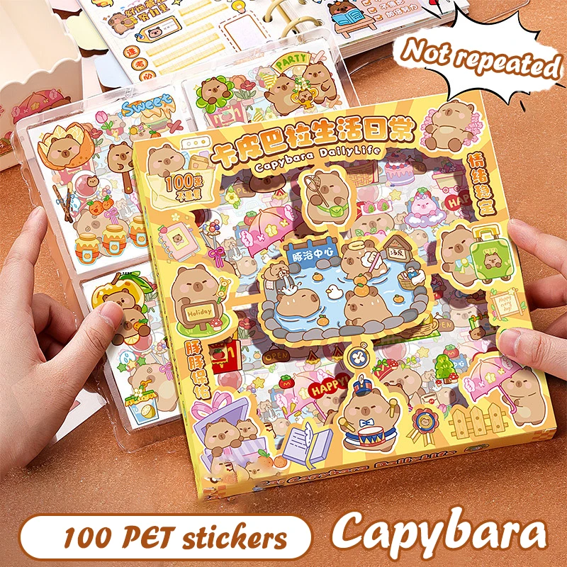 100 hojas de pegatinas de animales de capibara a la moda, pegatinas impermeables para cuentas de mano, pegatinas de decoración de cuaderno bonitas de dibujos animados