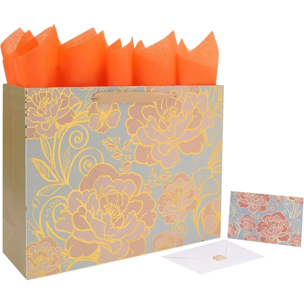 

16.5” Extra Large Rose Gold Gift Bag Set with Handles, Greeting Card, Tissue Papers and Stickers for Women Girls for Birthday,