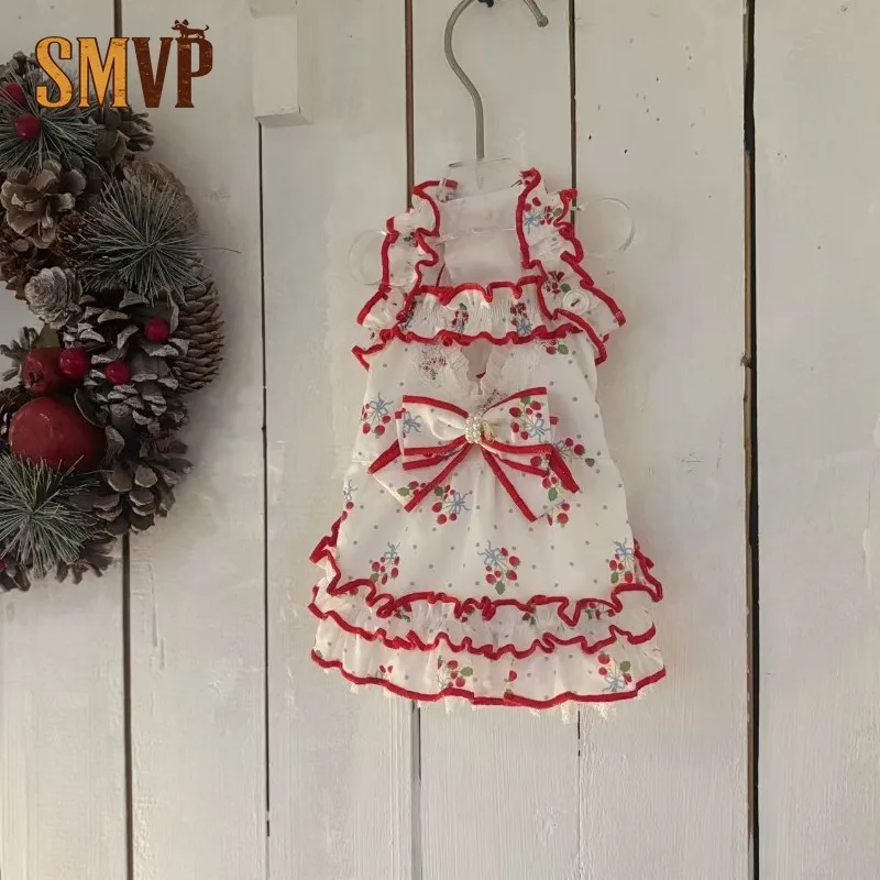 

Handmade Sweet Pet Princess Dress Strawberry Floral Print Ruffled Lace Trim Bow Decoration Sleeveless Sundress for small pets