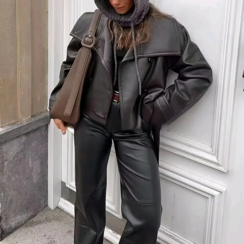 الرجعية Sle فضفاضة مزدوجة الصدر عقدة بولي Leather الجلود Jaet المرأة الخريف جديد Faion ملابس خارجية الدافئة الفانيلا #3
